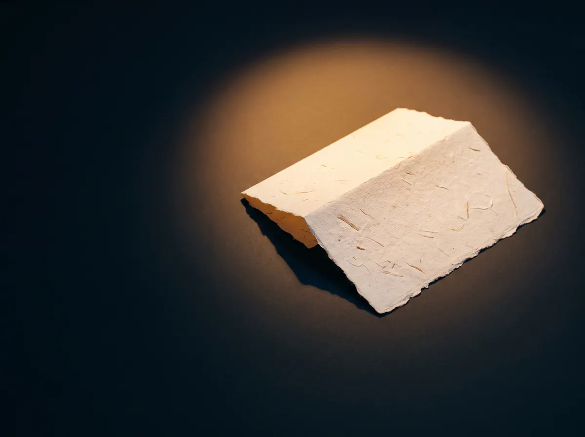 Une épaisse feuille de papier fait main, posée de biais sur une table, dans la pénombre.